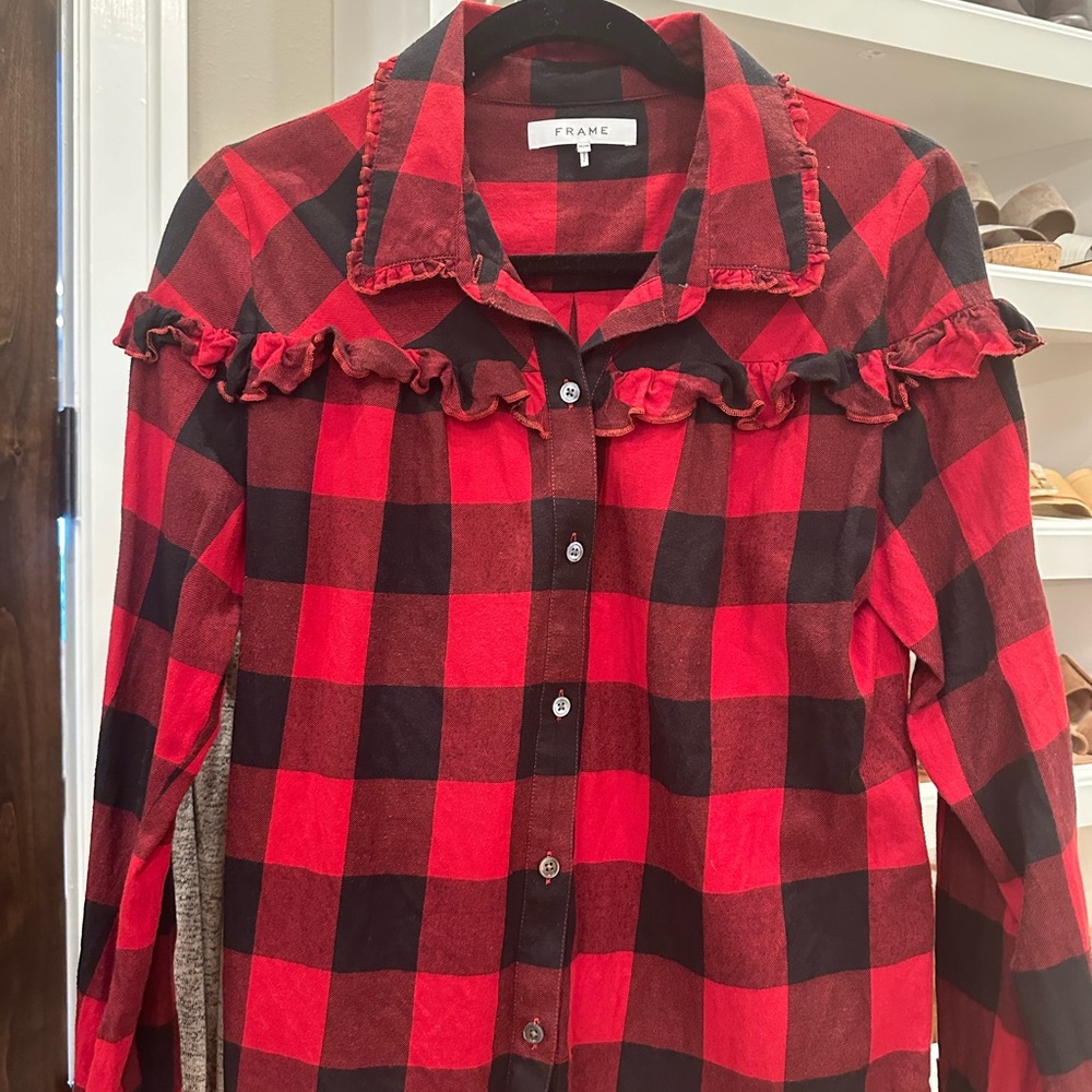 FRAME Denim women’s ruffle flannel long sleeve shirt red and black check